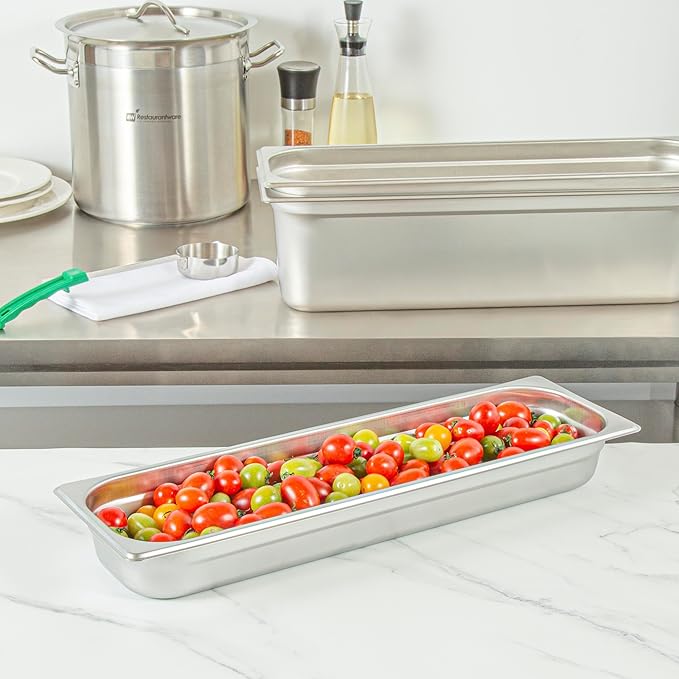 Restaurantware Long Hotel Pan 1 Count 1/2 Size Anti-Jam 2.5â€ Deep Freezable 24 Gauge Stainless Steel Steam Pan - Lid Sold Separately for Use in Commercial Kitchens and Catering Events