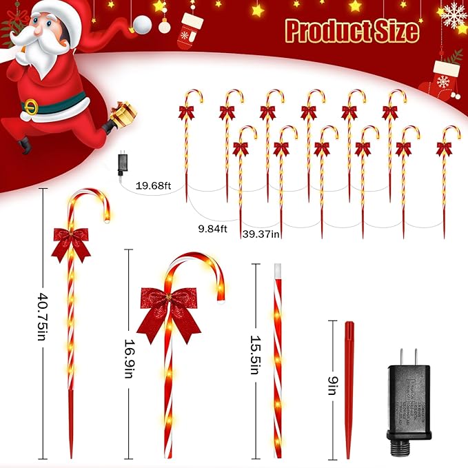 Christmas Candy Cane Pathway Lights 24PCS 240 LED Christmas Lights Outdoor Decorations with Red Bow Waterproof 8 Modes Timer Remote Walkway for Xmas Home Yard Lawn Patio Decor