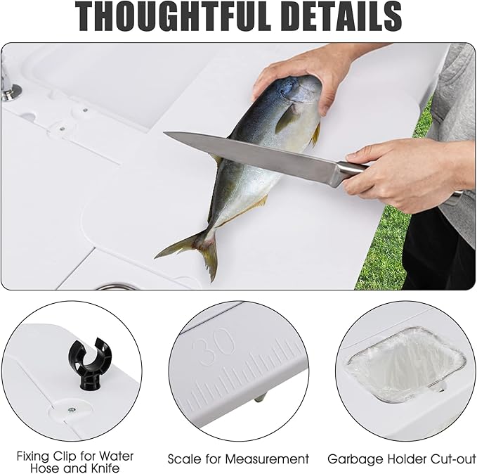 Giantex Fish Cleaning Table w/ 2 Sinks Faucet Hose Hook Up Portable Folding Camping Table w/Measure Mark Outdoor Fillet Cleaning Station for Fishing Beach Picnic (with Water Hose Holder)