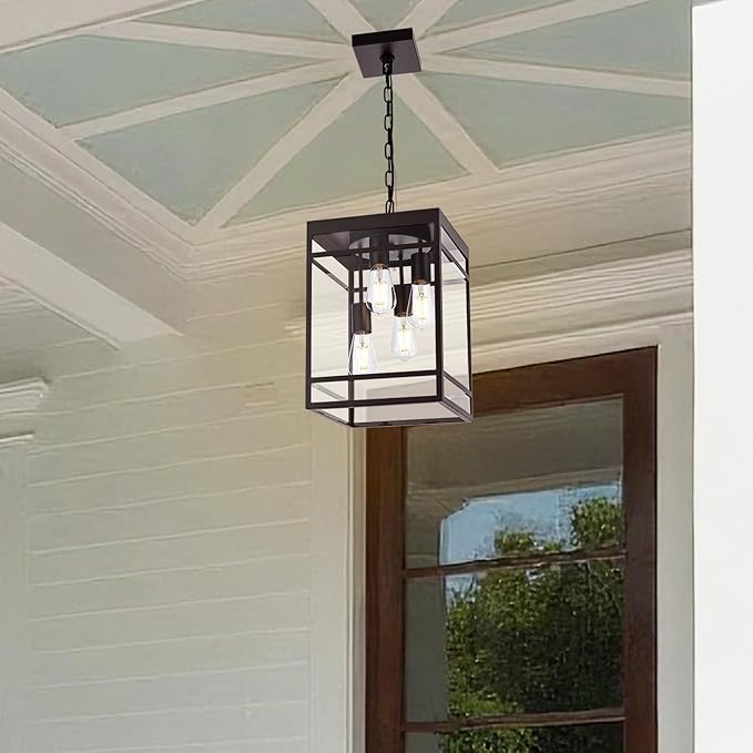Large Outdoor Pendant Light for Porch Oil Rubbed Bronze Outdoor Hanging Light Fixture with Clear Glass Shade Exterior Linear Chandelier Hanging Lantern for Outside PatioFront Door