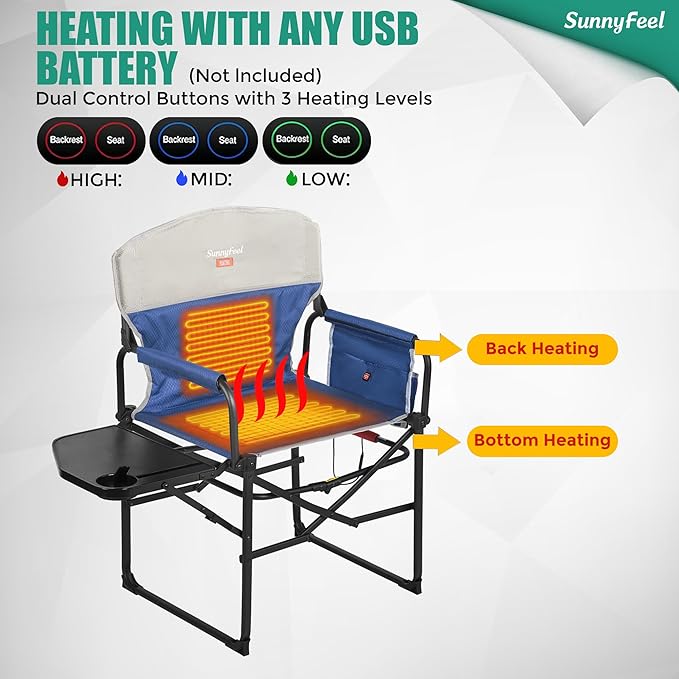 SUNNYFEEL Heated Camping Directors Chair Heavy DutyOversized Outdoor Portable Heating Folding Chair with Side Table Pocket for Beach FishingTripPicnicLawnConcert Foldable Camp Chairs