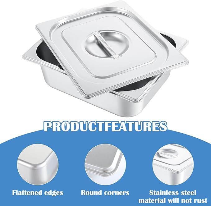 2 Pack Stainless Steam Hotel Pan with Lid 1/2 Size x 4 Inch Deep Steam Table Pan Restaurant Supplies Reusable Anti Rust Catering Storage for Home Party Restaurant Hotel Buffet