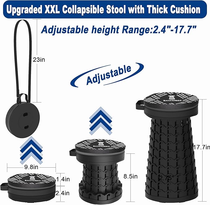 2026 Upgraded 45cm Collapsible Stool with Cushion Maximum Loading 440 Pounds Portable and Lightweight Adjustable Seat Camping Retractable Stool for Outdoor Camping Fishing Hiking BBQ
