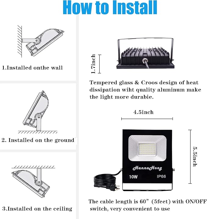 HANNAHONG 10W 2 Pack LED Flood Light with ON/Off Switch Plug inCool WhiteSecurity/Work/Plant GrowIP66 WaterproofReflector Spot-Light PorchGaragePatioYardGarden