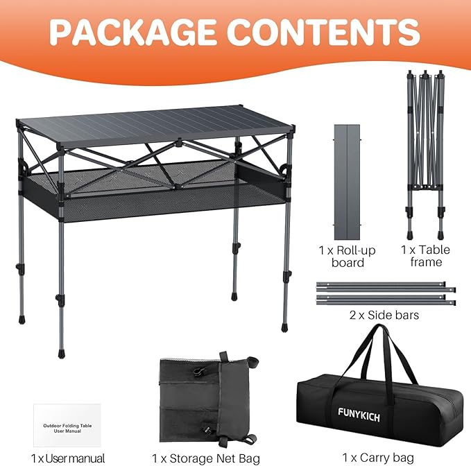 FUNYKICH Folding Camping Table(L39.4''xW19.7'') Aluminum Roll-up Portable Picnic Table with 2 Adjustable Height Large Storage and Carrying Bag for Picnic Camping BBQ Party Backyard Beach