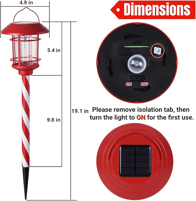 Dynaming 6 Pack Dual Use Solar Christmas Path Lights Outdoor Hanging Lantern Solar Garden Light with Edison Bulb Xmas Pathway Markers Auto On/Off Candy Cane Lights for Patio Yard Walkway Driveway