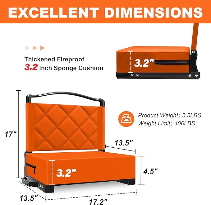 Stadium Seats with Back Support Cushion Folding Stadium Seats for Bleachers Hold up 400lbs Wide Bleacher Seat with Shoulder Strap &amp Handle Comfort for Sports Events (Orange 2pcs)