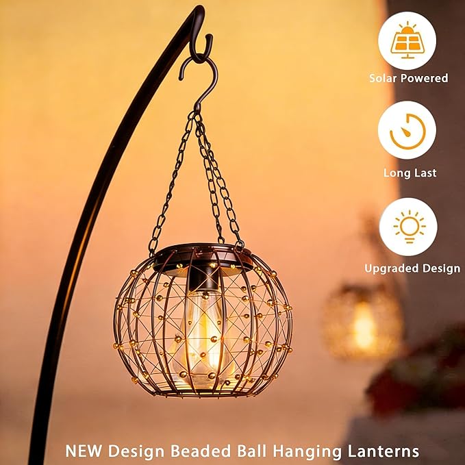 Hanging Solar Lanterns Solar Lights Outdoor Waterpoof Solar Chandelier with Warm White Led Bulb Beaded Copper Wire Ball Shade Patio Garden Decor Lights for Tree Yard Pathway Wall Eave Pergola-2Pack
