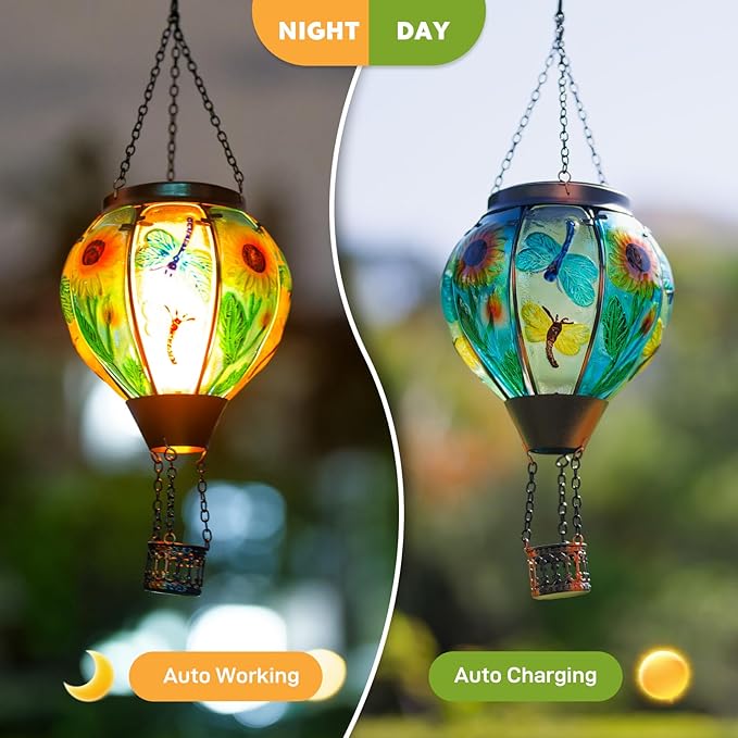 Hanging Hot Air Balloon Solar Lantern Dragonfly Solar Power Hot Air Balloon Lantern Outdoor Waterproof Glass Hanging Light for Outdoor Patio Garden Decor