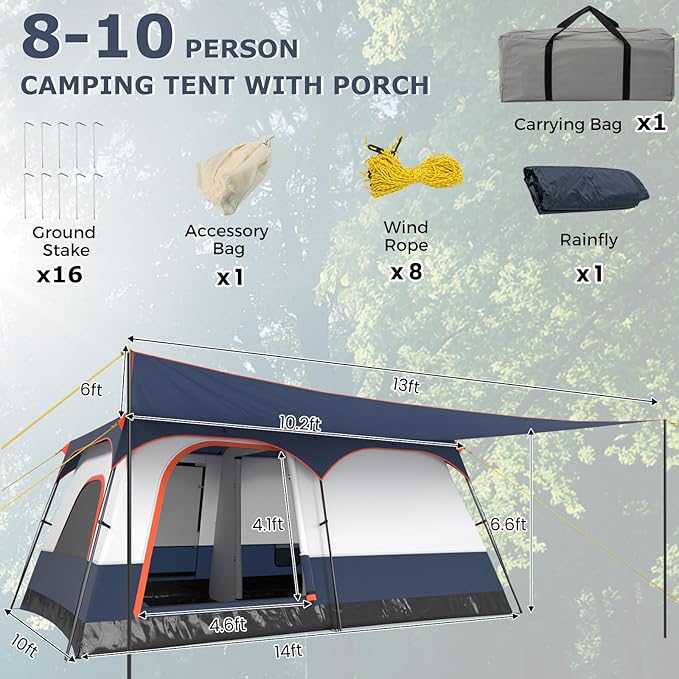 KOTEK 6-8 Person Tents for Camping Family Tent with 2 Rooms 2 Doors 2 Mesh Windows Porch &amp Removable Rainfly Large Camping Tent for Outdoor Picnic Hiking Gathering
