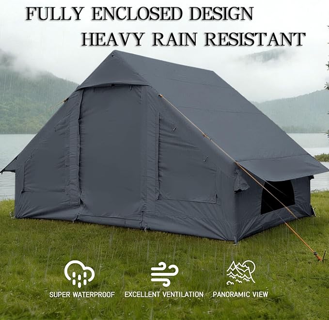 Inflatable Tents with Hand Pump Hot Tent with Stove Jack Easy Blow Up Glamping Tent with Mesh Windows 4-6 Person Instant Family Camping Tents Waterproof for 4 Seasons