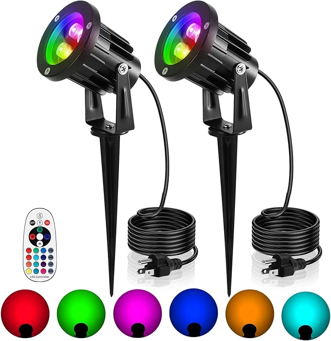OurLeeme Lawn Flood Light Stake RGB Spot Lights8W Outdoor LED Flood Light Waterproof Garden Yard Lights with Remote Control2-in 1 Landscaping Spotlights for PatioPathway Driveway 85-265V (2 Pcs)