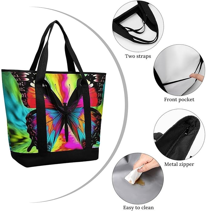 Insulated Shopping BagLarge Reusable Cooler Bags Colorful Butterfly Printed Foldable Shopping BagTravel Waterproof Shoulder Bag