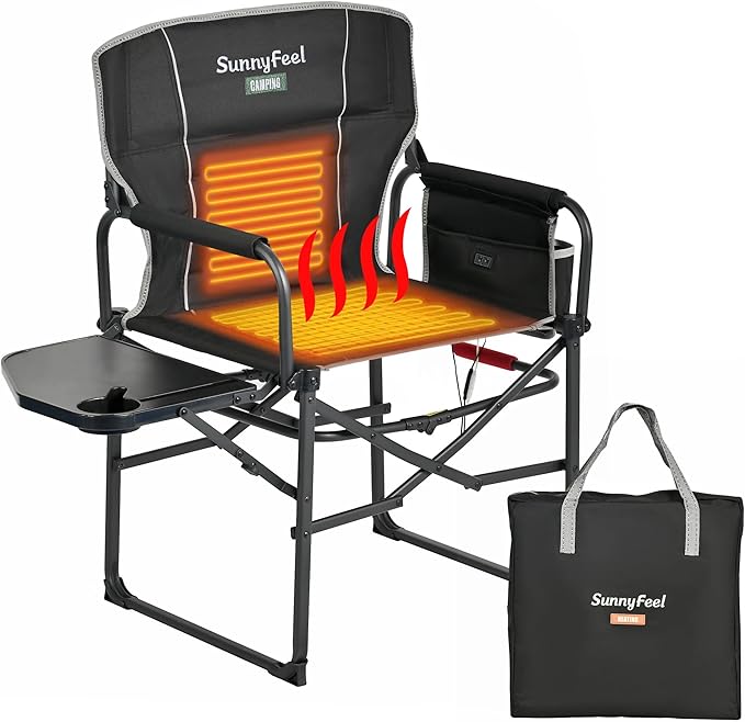 SUNNYFEEL Heated Camping Directors Chair Heavy DutyOversized Outdoor Portable Heating Folding Chair with Side Table Pocket for Beach FishingTripPicnicLawnConcert Foldable Camp Chairs