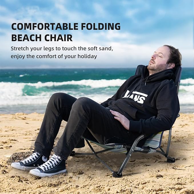 Portable Folding Beach Chair for Adults - Lightweight Low Back Sling Chair with Storage Pocket 300lbs Capacity Camping Chair for Outdoor Lawn Concert Travel (Orange-Colour Striped)