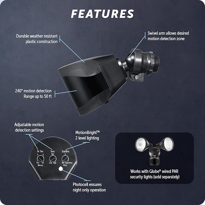 Globe Electric 240° Motion Sensor Replacement MotionBright 2-Level Lighting Adjustable SENS Dial Manual Mode Black Finish Outdoor Security Light 17000184