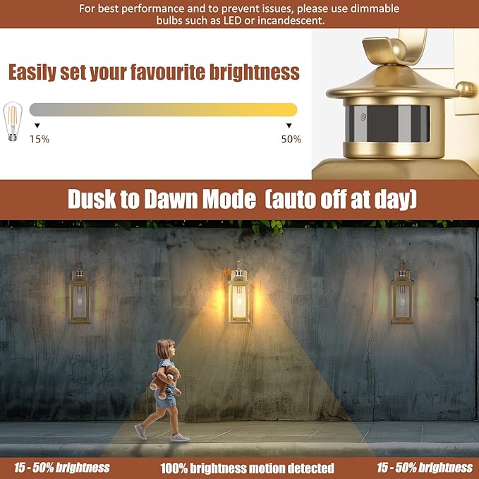 2-Pack Gold Dusk to Dawn Motion Sensor Lights 18 Inch Large Outdoor Light Fixtures IP65 Waterproof Anti-Rust Brass Outside Lights for House Photocell Modern Exterior Lanterns Wall Mounted