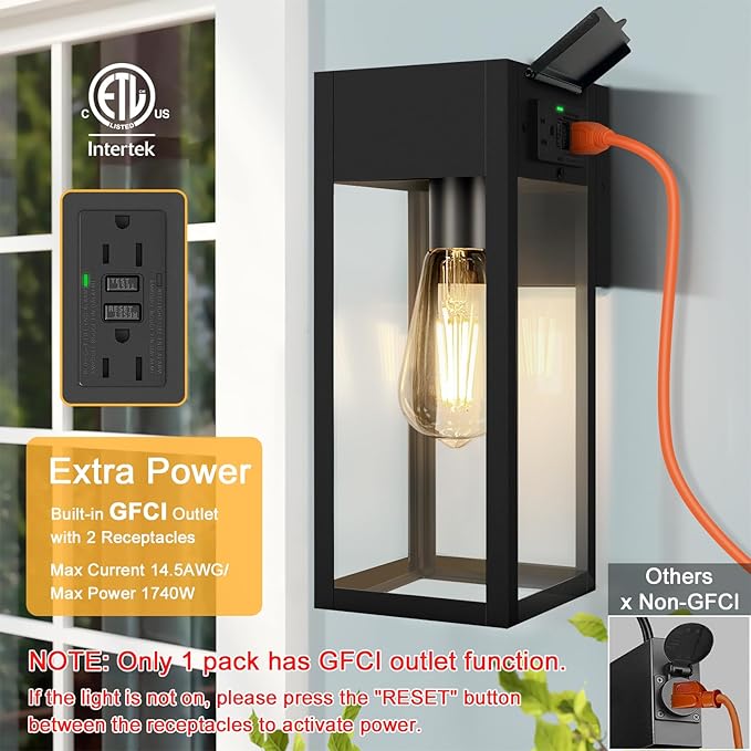 2 Pack Porch Lights Outdoor Wall Sconce Outdoor Light with GFCI Outlet Waterproof Exterior Wall Lantern Light Fixtures Anti-Rust Wall Lamp with Clear Glass for Patio Doorway Garage- Black
