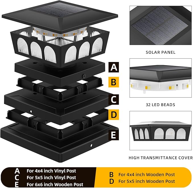 12 Pack Solar Post Cap Lights Warm White &amp Cool White Auto On/Off Waterproof Fence Post Solar Lights for 4x4 5x5 6x6 Wood/Vinyl Posts Fence Deck Patio Garden Decor (Black)