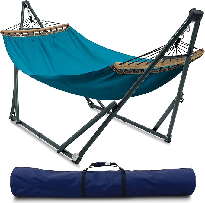 Tranquillo Hammock with Stand Heavy-Duty Hammock Quick Fold Unfold Steel Frame Hammock Canvas Portable Hammock Stand Spreader Bar 600 lbs Capacity Portable Relaxation Gear Blue