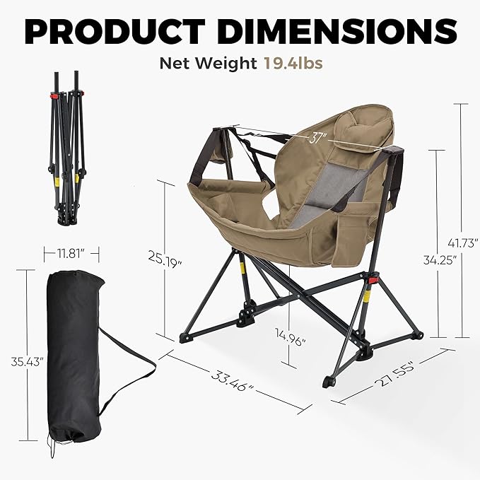 Ainfox Hammock Camping Chair Foldable Portable Rocking Chairs for Adults Outside Swinging Camp with Cup Holder Pillow for Outdoor Patio Poolside (Brown)