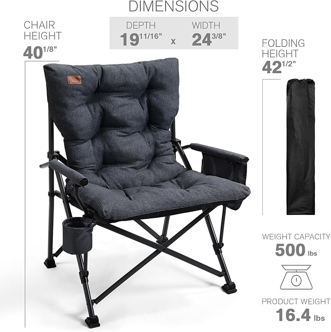 EVER ADVANCED Padded Oversized Folding Camping Chair for Adults Heavy Duty Lawn Chair with Side Pockets Portable Collapsible Quad Chair for Outside Support Up to 500lbs Black
