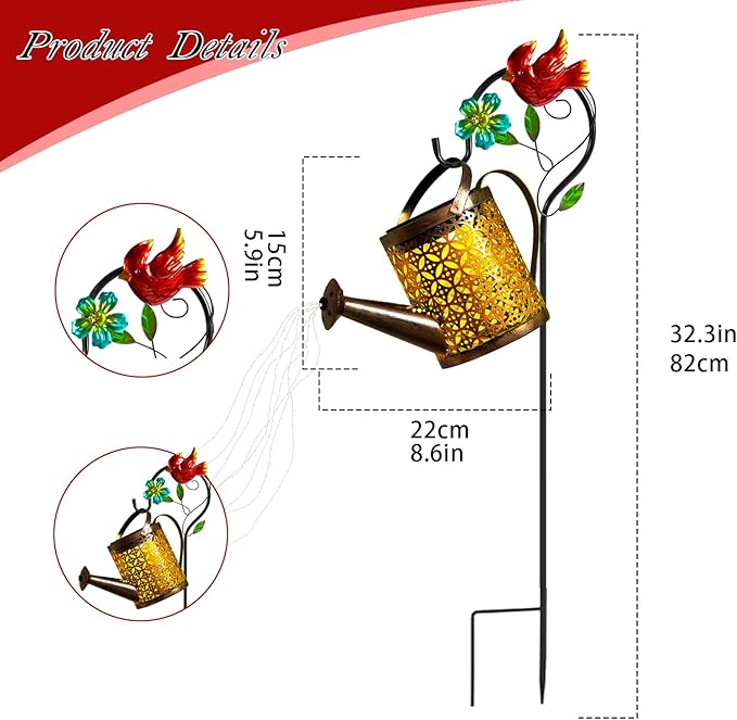 Mothers Day Gifts Solar Lights Outdoor Watering Can with Cascading Lights Watering Can with Hook Solar Lantern Gardening Decor for Yard Patio Gardening Gifts for Mom Grandma Women (2 Pack)