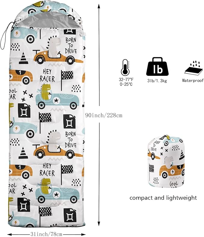 Kids Sleeping Bag for Boys GirlsDinosaur Race Print-Lightweight Warm Portable Outdoor Indoor-Waterproof Cold Weather Resistant Sleeping Bag for Camping Hiking(Dinosaur Race)