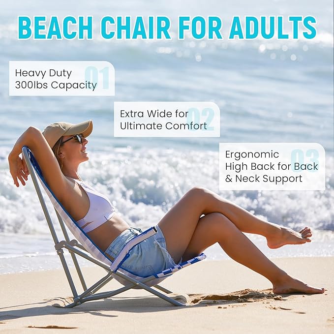 #WEJOY High Back Beach Chair for Adults Heavy Duty Beach Chairs for Adults with Headrest Lightweight Portable Chair for Camping Sand Lawn Support to 300lbs Green