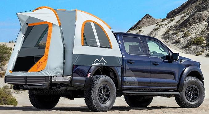 Pickup Truck Tent Waterproof PU2000mm for Camping 5.5-6 Ft Bed2-Person Sleeping with Double Layer Design Windows Portable Overland Tent Expandable Triangle Sunshade Awning