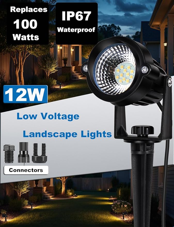 12W Landscape Lights Low Voltage LED Landscape Lighting Spotlight Waterproof Garden Pathway Christmas Decorative Lights Outdoor 20 Pack with Connector (Cool White 5000K)