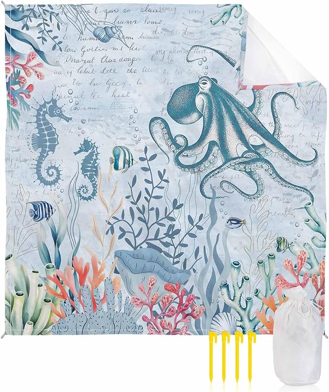 Ocean Octopus Beach Blanket Waterproof Sandproof Watercolor Seaweed Sea Horse Coral Blue Letter Texture Beach Mat Quick Drying Outdoor Picnic Mat 95 x 80 for 1-5 Adults Essentials for Camping