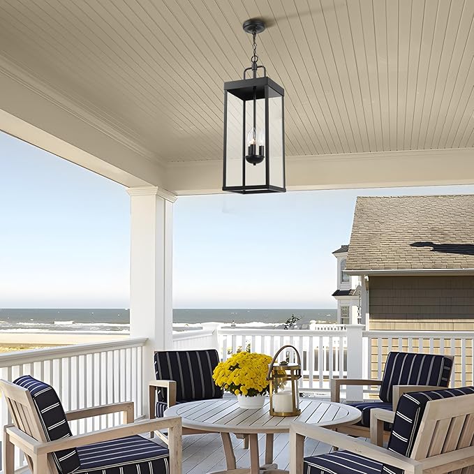 Large Outdoor Pendant Lantern Light Fixture for Front Porch 24 Inch 3-Light Black Exterior Hanging Chandelier with Clear Glass Outdoor Indoor Pendant Lamp for Patio Gazebo Entryway Doorway
