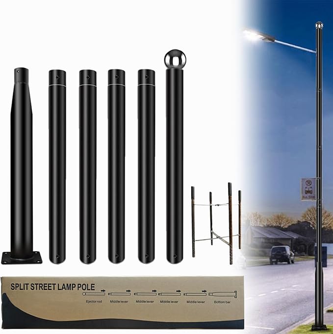 Street Light Pole 20 Ft Tall - Outdoor Adjustable Heavy Duty Metal Street Lamp Post for Outside Solar Street Lights with Mounting Rebar Cage Base for BackyardParking LotWalkway