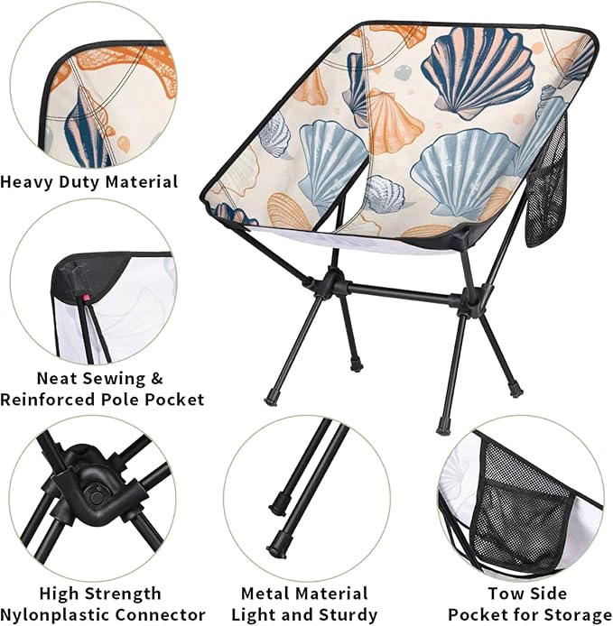 Honeybaby Folding Camping Chair Beautiful Seashells Print Camping Chairs Lightweight Portable Chair Outdoor Foldable Chairs for Camping Travel Picnic Beach Hiking