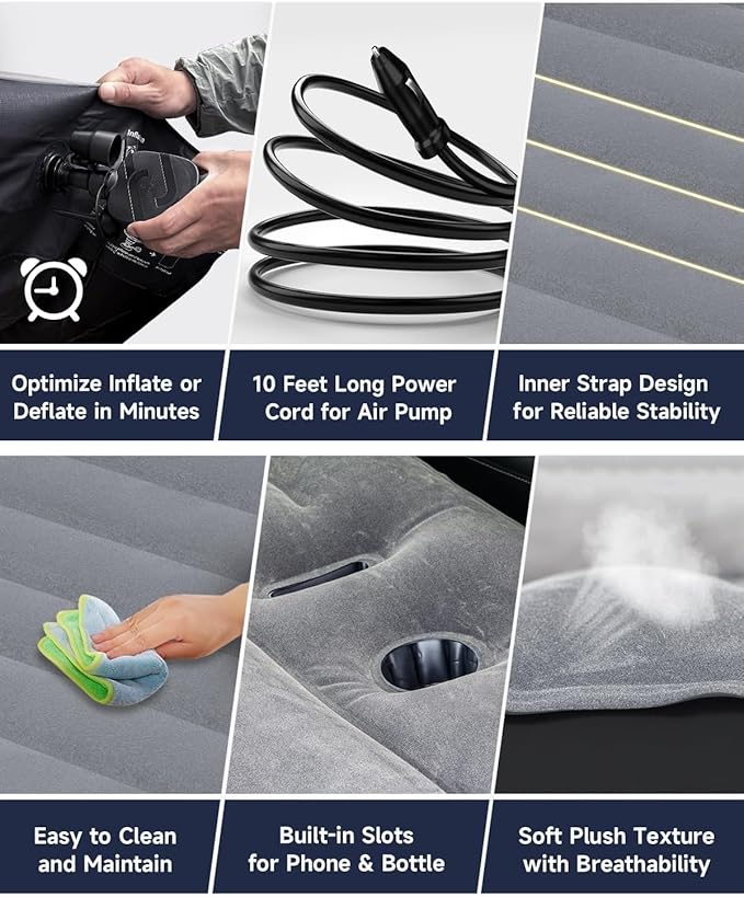 Umbrauto Custom Fit Air Mattress for Tesla Model Y/Juniper 2026 Upgraded Inflatable Camping Bed for Back Trunk Soft Flocking Surface+Reinforced Bottom Sleeping Pad w/Pump for Outdoor Travel