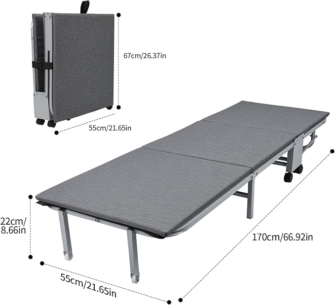 Glamping Cot with Sleeping Pad Folding Bed with Wheels Folding Steel Cot with Thick Mattress Pad for Comfortable Sleeping Deluxe for Big &amp Tall Adults Grey