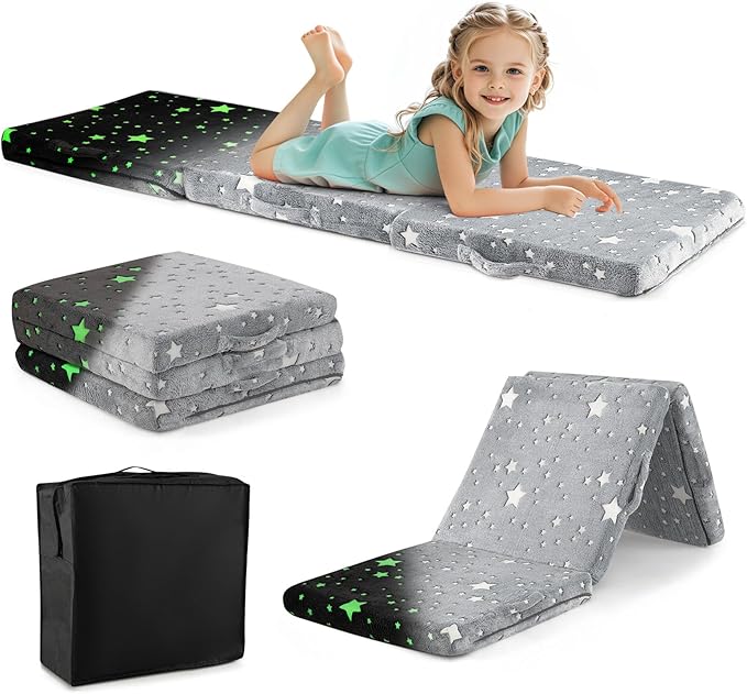 Costzon Foldable Floor Mattress for Kids Glow in The Dark Toddler Floor Nap Mat w/Washable Flannel Cover Tri-Folding Children Floor Bed for Sleeping Daycare Playroom School Kindergarten or Nursery