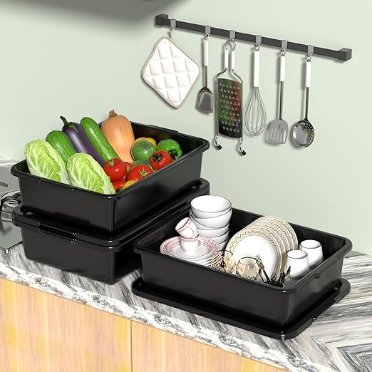13 L Bus Tubs with Lids Set of 12 Black Plastic Dishpan Basin Rectangle Utility Dish Tub