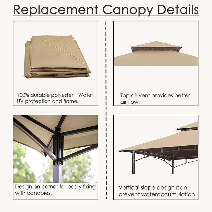 Grill Gazebo Replacement Canopy Roof – Hugline 5x8 Outdoor Grill Shelter Canopy Top Double Tiered BBQ Tent Cover Fit for Model L-GG001PST-F (Beige)