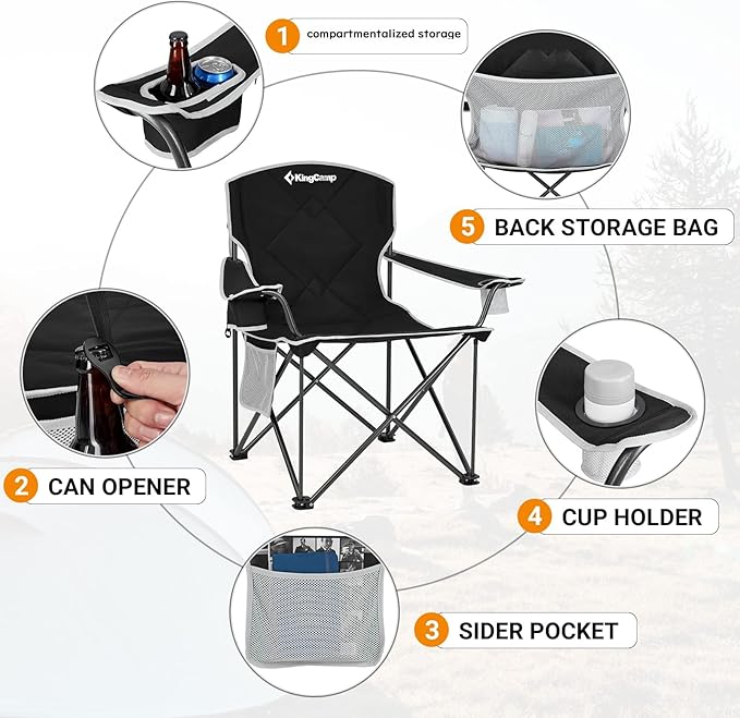 KingCamp Portable Folding Camping Quad Chair Oversized Fully Cushioned Seat with Side Pocket and Cup Holder for Tailgates Beach Lawn