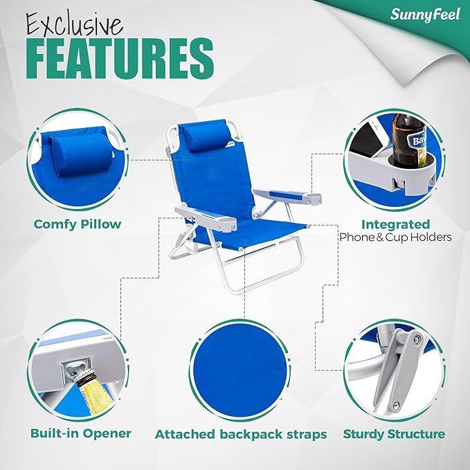 SUNNYFEEL Extra Wide 28 Low Beach Chair 5 Position Lay Flat XL Oversized Portable Folding Camping Chairs with Cup Holder for Outdoor/Trip Lightweight Foldable Backpack Beach Chair for Adults