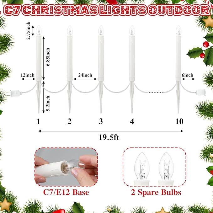 10 Pcs Christmas C7 Pathway Lights Outdoor Candle Lights with Stakes 19.5 ft Pathway Candles with 12 Pcs C7 Bulb for Outside Yard Driveway Sidewalk Decorations