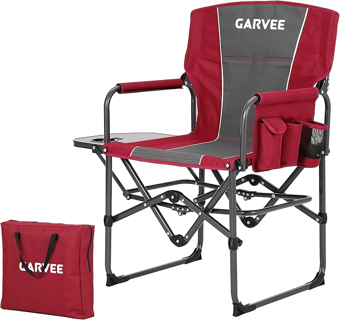GarveeLife Oversized Directors Camping Chair Portable Folding Chair for Adults Support 400 lbs Heavy Duty Lawn Chair with Side Table for Camping Sports Picnic Beach Fishing (1 PCS Red)