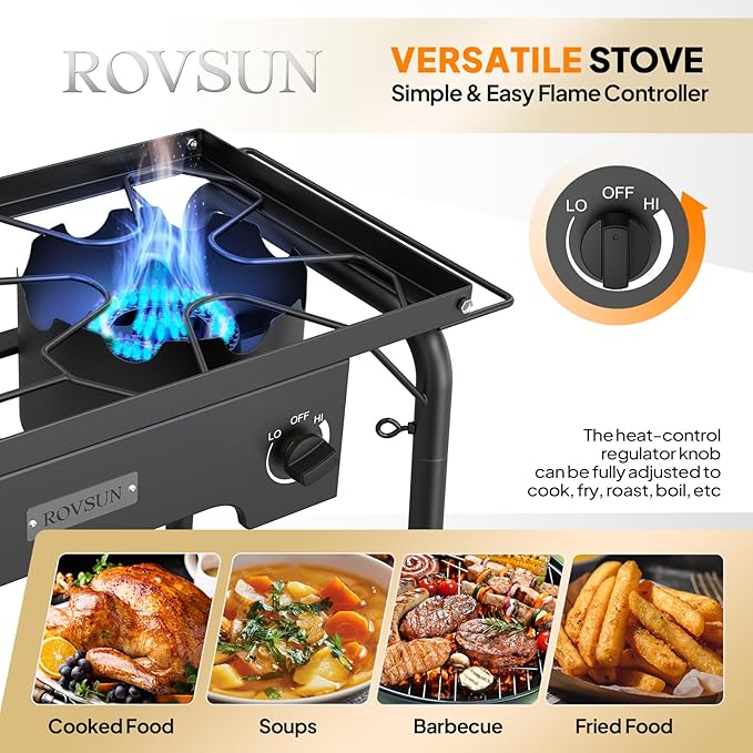 ROVSUN 2 Burner Gas Stove with Side Shelves 150000 BTU Portable Propane Stove with Removable Legs Wind Panels &amp Regulator for Camping Home Backyard Cooking Brewing Canning Turkey Frying