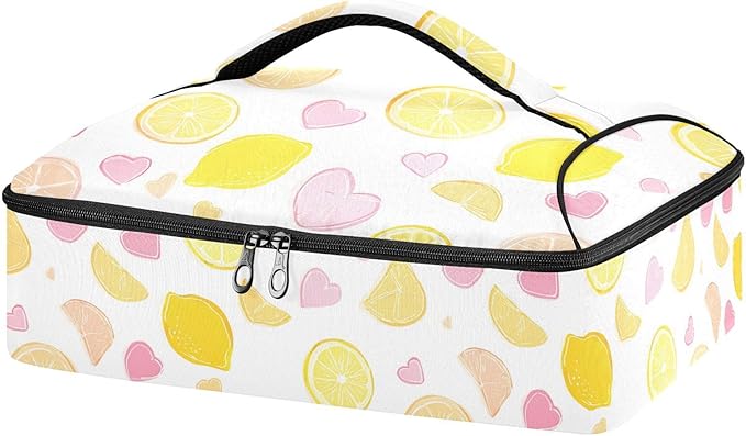 Casserole Carrier Lemon Slices and HeartInsulated Casserole Carrier for Hot or Cold Food Thermal Lunch Tote for Potluck Parties Picnic Beach Fits 9 x 13 Inches Baking Dish