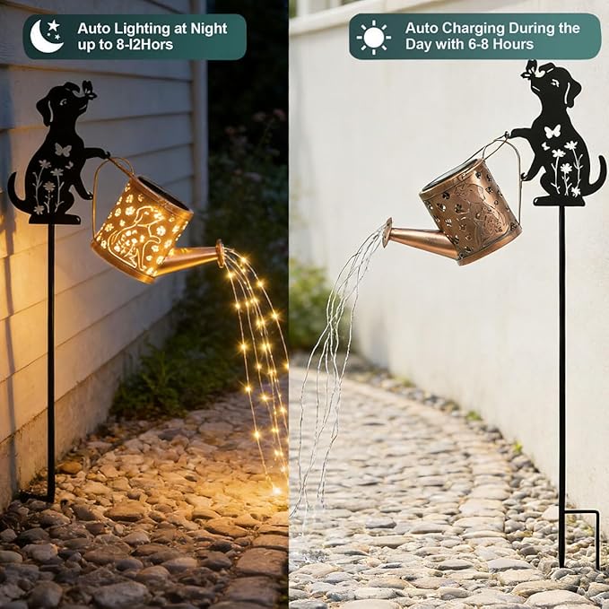 Garden Lanterns Solar Watering CanGarden Decor for Outside Dog Featuring a Metal Dog Silhouette Stake Ideal for Outdoor Landscaping Lawns and Pathways a Perfect Garden Gift for Women
