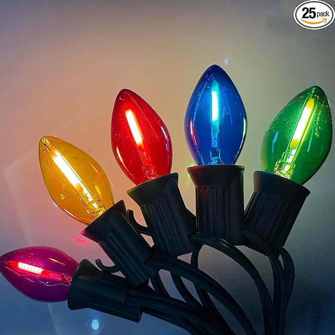 26Ft C7 LED Multicolor Christmas Lights Outdoor Vintage Christmas String Lights with 27 Clear Colored LED Bulbs Hanging Old Fashioned Xmas Decorations for Outside Holiday Party Garden Green Wire