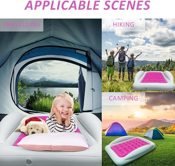 Inflatable Kids Travel Bed Toddler Air Mattress SetPortable Blow Up Mattress Sleeping Bed Cot with Bed Rails and Electric Pump Ideal for Road Trip