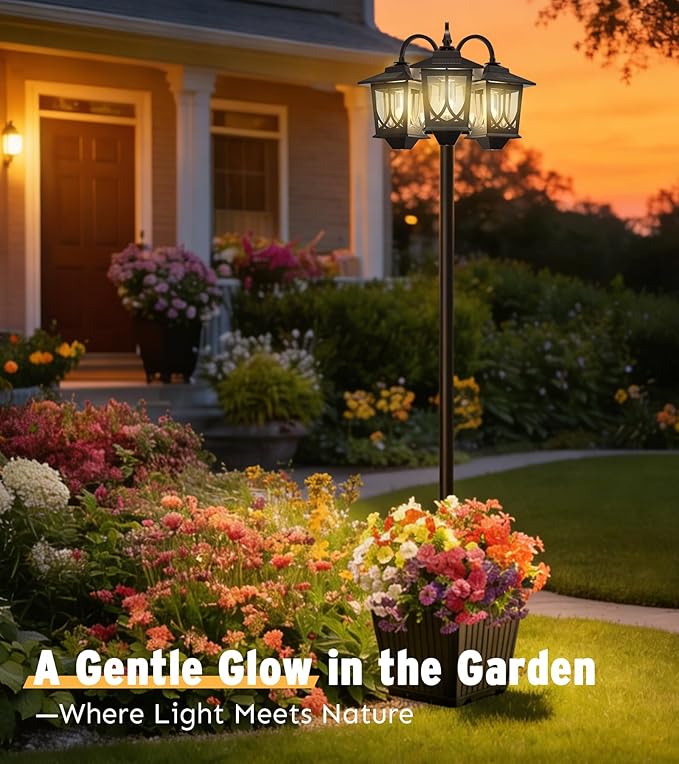 3-Head Solar Lamp Post with Planter 74 Solar Light Flower Pot Lamp Post 60Lm Waterproof Solar Light Poles for Outside Garden Patio Yard Driveway Replaceable Bulb Warm White (3000K)
